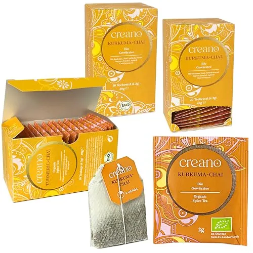 Creano Bio Tee KURKUMA-CHAI, Kräuter-Gewürzteemischung, BIO Teebeutel-Tee 3er Pack (3x 20 Beutel)