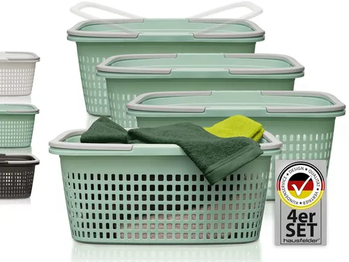 Hausfelder Wäschekorb Wäschewanne 58x37x25cm (Jadegrün, 4 Körbe, 35 l) (Set, 4 St., 4 x Wäschekörbe), mit klappbaren Henkeln, mit Griffen, 35 Liter