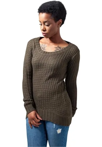 Urban Classics Damen Pullover Ladies Long Wideneck Sweater, Gr. Medium, Grün (Olive 176) - Pullover für Damen, aus weichem, strukturiertem Stoff für höchsten Tragekomfort und einen stylishen, langen Schnitt, der schmeichelhaft wirkt.
