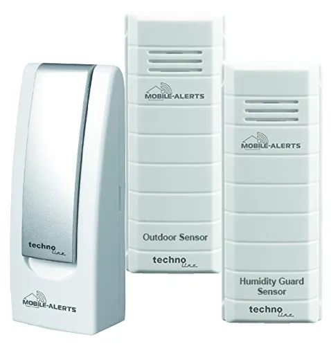 Technoline MA 10012 Zusatzsensoren -Set für Mobile Alerts System - Wetterstationen mit 2 Thermo-Hygro-Sensoren für Innen und Außen, überwacht Luftfeuchtigkeit und Temperatur, schützt vor Schimmel und bietet Lüftungsempfehlungen.