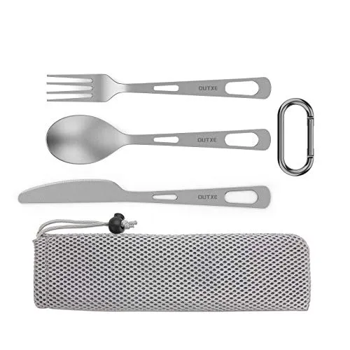 OUTXE Titanium Camping Utensilien Set 3 StückeTitan Löffel Gabel Messer Kombi und tasche, Lunchbox Besteckset und Reisebesteck