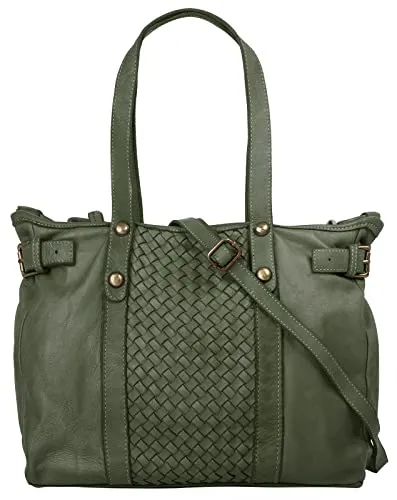 Samantha Look Shopper Damen 019564 dunkelgrün - Handtasche im Vintage-Look aus 100% Rindleder, geräumiges Hauptfach mit Reißverschluss und flexible Tragemöglichkeiten für jeden Anlass.