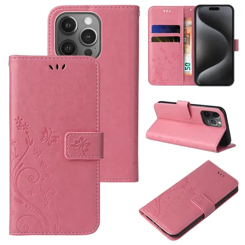 Handyhülle für Apple iPhone 15 Pro Max Case Tasche Blume Schmetterling Rosegold