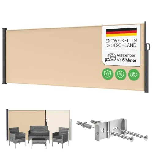 STEELSØN Seitenmarkise Zirella - Beige, 180x500 cm - Praktische Seitenmarkise für Garten und Terrasse, individuell einstellbar. Bietet Wind- und Sichtschutz mit UPF 50+ UV-Schutz für entspanntes Sitzen im Freien.