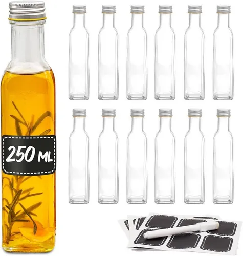 Praknu 12er Set Glasflaschen 250ml mit Schraubverschluss – Ideal zum Befüllen - Vielseitiges Set: 12 Glasflaschen (250 ml) mit luftdichtem Schraubverschluss und 12 Etiketten für einfache Beschriftung. Perfekt für die Aufbewahrung von Getränken oder selbstgemachten Spezialitäten. Hygienisch und spülmaschinenfest.