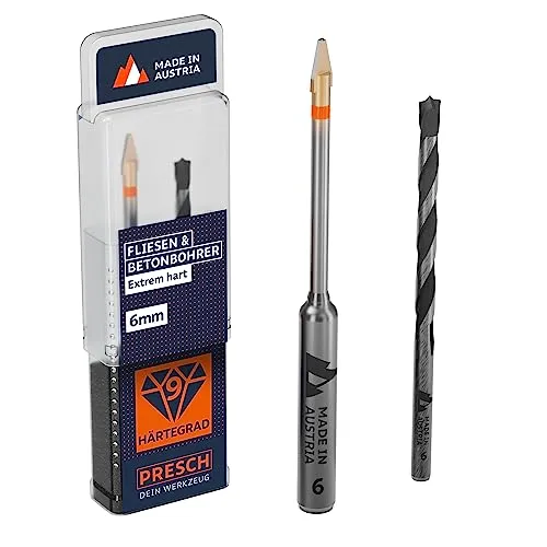 Presch Fliesenbohrer und Betonbohrer Set ⌀ 6mm | Feinsteinzeug Bohrer für Keramik, harte Fliesen, Porzellan und Glas | Profi Porzellanbohrer, Keramikbohrer inkl. passendem Betonbohrer und Box