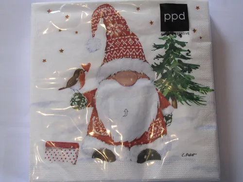 Servietten PPD Weihnachten Gnom Weihnachtswichtel mit Rotkehlchen 20