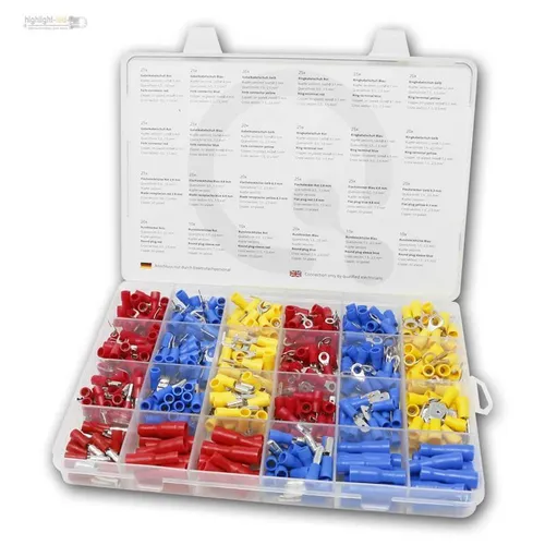 Sortiment Kabelschuhe 500-teilig Set - Umfassendes Set von Rund-Steckverbindern, Gabel- und Ringverbindern in praktischer Sortimentsbox. Ideal zum Crimpen auf Kabel, vielseitig einsetzbar und perfekt für Elektronikprojekte.