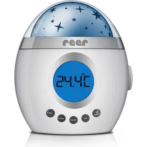 reer 52050 MyMagicStarlight - Einschlaflicht mit Sternenprojektor und Musikfunktion, 100 Stunden Leuchtdauer und große LCD-Anzeige für Uhrzeit und Zimmertemperatur