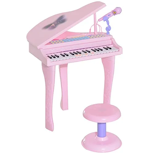 HOMCOM Keyboard Kinder mit 37 Tasten, Hocker Klavier mit Mikrofon, LED-Lehrmodus, Aufnahme, Piano Musikinstrument für 3-6 Jahre Kinder Rosa
