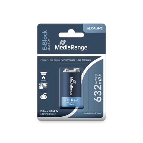 MediaRange Premium Alkaline Batterie E-Block 6LR61 9V - 9V Spannung, 632mAh Kapazität, umweltfreundlich ohne Cadmium und Quecksilber
