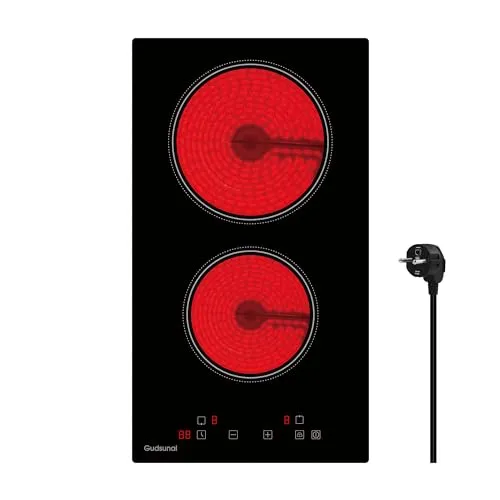 Gudsunal Domino Kochfeld, 2-Platten Glaskeramikkochfeld mit Stecker, 3000W, 9 Heizstufen, 1-99 Minuten Timer, Touch-Steuerung, Automatische Abschaltung, Kindersicherung,Mattschwarz