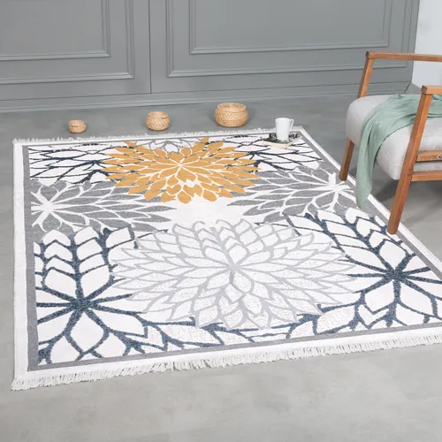 Kurzflor Teppich Läufer - Boho Kelim Teppich, Wohnzimmerteppich, Schlafzimmer und Küchenteppich, Flur Teppich, 50 x 80 cm, Orient-Blau-Gold