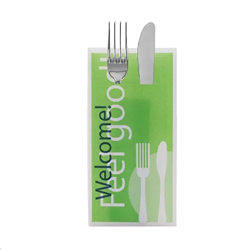 Sovie HORECA Besteckserviette Feel Good Grün, 40 x 40 cm, 1/8 Falz, 100 Stück – Linclass® Airlaid Servietten mit patentiertem Besteckschlitz und Welcome-Motiv für Gastronomie & Events