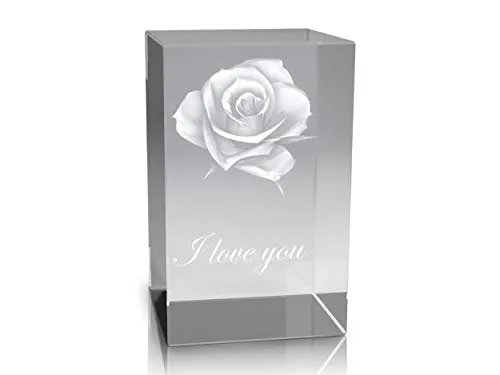 VIP-LASER 3D Glaskristall Quader XL Rose in 3D mit Text I Love You graviert