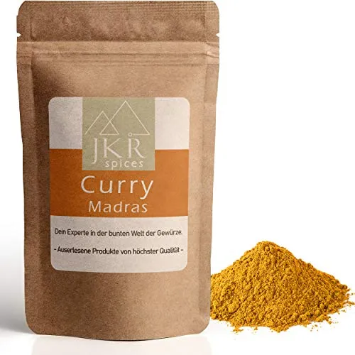 JKR Spices Curry Madras 250g | scharfes Curry Pulver | Indisches Curry Gewürz | Madras Curry Pulver im CO² neutralen wieder verschließbaren Standbodenbeutel | Curry Powder