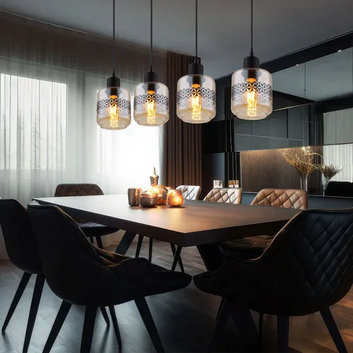 Pendellampe 4-flammig mit Lebensblume-Dekor, Schwarz und Amber - Stilvolle Hängelampe für Wohnzimmer und Esstisch mit 4 bernsteinfarbenen Gläsern. Individuell anpassbare Höhe bis 120 cm und E27-Fassungen für Ihre Wunsch-Leuchtmittel.