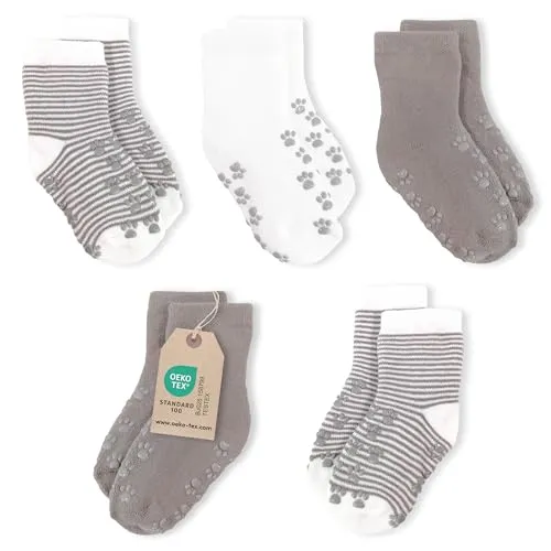 LaLoona Baby Socken Set Anti Rutsch - 5 Paar rutschfeste ABS Babysocken, hautfreundlich dank ÖKOTEX Standard 100 und hohem Baumwolle Anteil - Grau - Größe 17/18