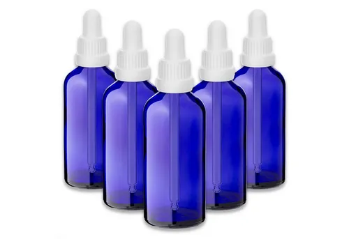 CK Verpackung GmbH Pipettenflasche 5x Blaue Glasflasche 100 ml mit weißer Pipette Tropfen leer DIN 18 Set