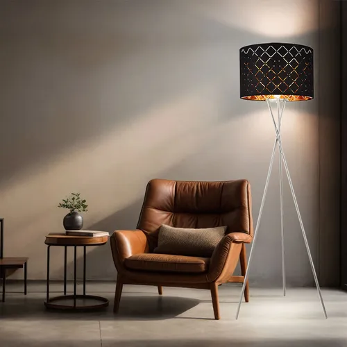 Luxuriöse Stehlampe mit Textilschirm in Schwarz und Gold - Stehleuchte in edlem Design mit Dekorstanzungen für ein bezauberndes Lichtspiel. Ideal für stilvolle Wohnräume, ausgestattet mit E27 Fassung für individuelle Beleuchtung.