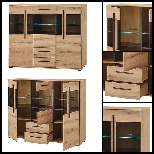 Lomadox Wohnwand 5-teilig mit LED Beleuchtung in Eiche - Moderne Wohnwand in warmer Eicheoptik mit zwei Vitrinen, Sideboard und Highboard. Die integrierte LED-Beleuchtung setzt Ihre Lieblingsstücke perfekt in Szene und bietet großzügigen Stauraum für ein harmonisches Wohnambiente.