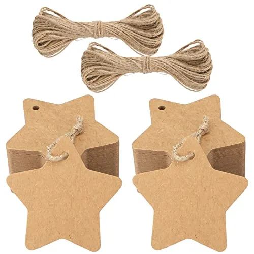 jijAcraft Geschenkanhänger Weihnachten Stern Anhänger Kraftpapier Etiketten, 100 Stück Geschenkanhänger Kraftpapier Weihnachten Tags mit Jute-Schnur, für Weihnachtsgeschenke Dekoration