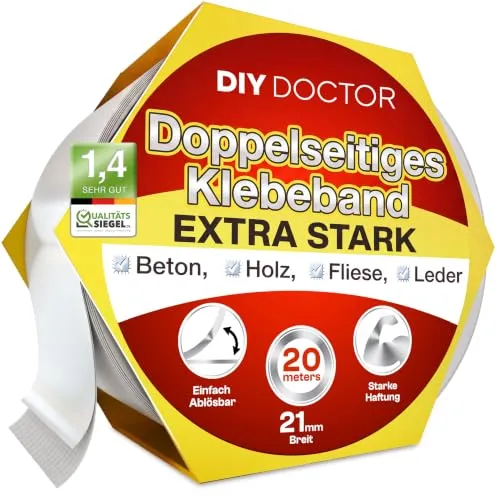 DIY Doctor Doppelseitiges Klebeband Extra Stark & Extra Lang, 20 m Rolle | Extra starker Sofort-Halt · Rückstandsfrei entfernbar · Für Holz, Metall, Glas, Fliesen & Kunststoff · Montageband