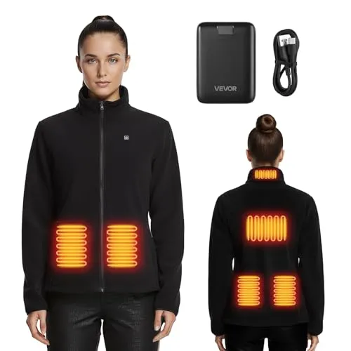 VEVOR Beheizbare Fleecejacke Damen, Heizjacke mit 7,4 V 16000 mAh wiederaufladbarem Powerbank-Pack, 6 Heizzonen, 3 Temperaturstufen, 3/6/10 Std. Wärme, für Winter-Outdoor-Camping, Schwarz, L