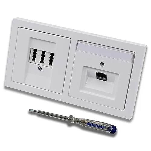 Busch Jäger, Rutenbeck Unterputz Netzwerkdose 10 Gigabit/S (10GbE) KAT6A 6A 1xRJ45 Anschluss + EBROM Telefon TAE 3x6 NFN Dose in BJ Future Linear Studioweiß + EBROM Phasenprüfer z. Montage d. Geräte