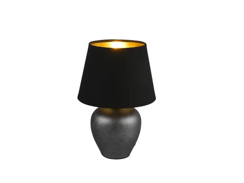 Kleine LED Designer Tischleuchte mit Keramikfuß und Stoffschirm - Elegante Nachttischlampe in Schwarz Gold, 26cm hoch, dimmbar und mit austauschbarem LED Leuchtmittel für warmes Licht – ideal für stimmungsvolle Akzente im Wohnzimmer oder Schlafzimmer.