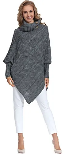 Merry Style Damen Poncho C46l4 - Graphite, One Size - Strick Ponchos & Capes für Damen; Langer Poncho mit großen Ärmeln und Rollkragen, aus warmem, elastischem Material für perfekten Sitz und Komfort.