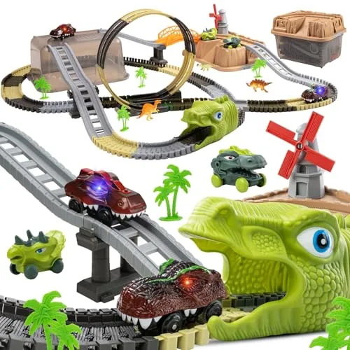 TUMAMA Dinosaurier Autorennbahn Spielzeug Set, 255 Stück Dino Kinderspielzeug Ab 3 4 5 6 Jahre Kinder, Autobahn Zug Mit 2 Autos, Elektrische 360 Looping Rennbahn, Cars Rennstrecke Eisenbahn Baustelle