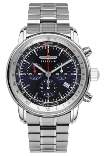 Zeppelin 8888MB-3 Herren Chronograph – Edelstahlgehäuse Silberfarben, Blaues Zifferblatt