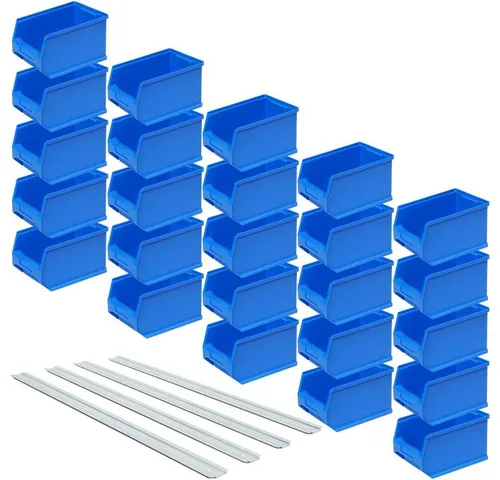 Sichtlagerboxen LB4, blau, 25 Stück - Praktisches Set mit 25 robusten Sichtlagerboxen für die effiziente Lagerung von Kleinteilen. Inklusive 4 verzinkter Wand-Aufhängeschienen für platzsparende Aufbewahrung. Ideal für Werkstatt und Industrie.