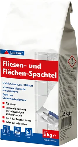 baufan Fliesen- und Flächenspachtel 5 kg - Hochwertige Spachtelmasse für perfekte Fliesenverlegung - Mörtel, Putz, Zement & Gips - Ideal für eine glatte Oberfläche und optimale Haftung von Fliesen.