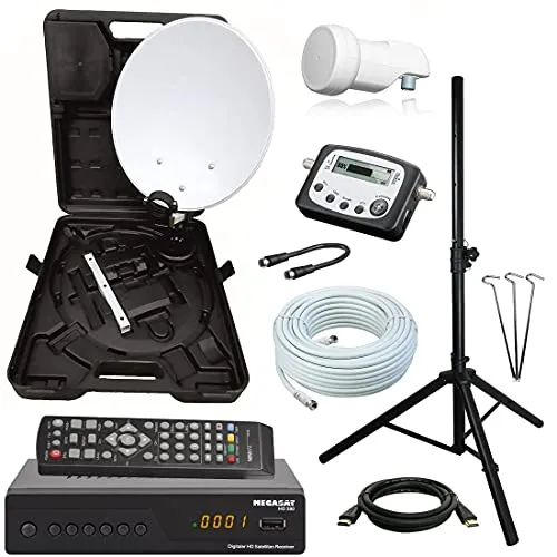 netshop 25 Camping SAT Koffer Schüssel mit HD Receiver, Single LNB und 10m Kabel + Digital SAT-Finder + Dreibein Stativ (Mobile Sat Anlage 1 Teilnehmer) Set
