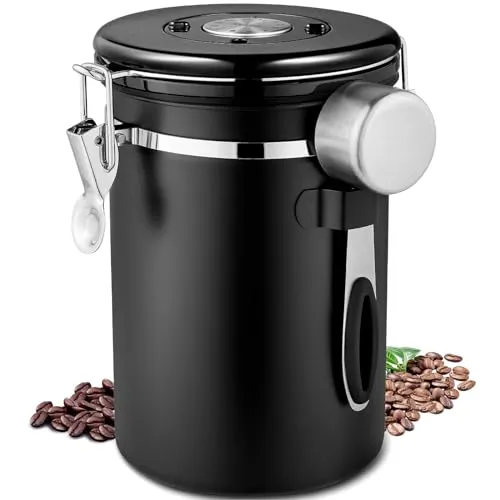 Frasheng Kaffeedose Edelstahl,Kaffeedose Luftdicht mit Edelstahl Löffel,750g/1,8L Kaffeebehälter,Vakuum Kaffee Dose mit Datumsverfolgung für Kaffeebohnen Kaffeepulver Kaffeebehälter,Schwarz
