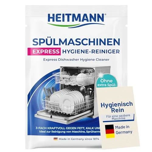 HEITMANN Spülmaschinenreiniger Express Hygiene-Reiniger 30 g | Dreifach-aktiv gegen Fett, Kalk & Gerüche | Maschinenreiniger für Spülmaschine | Für Sprüharme, Filter & Innenraum