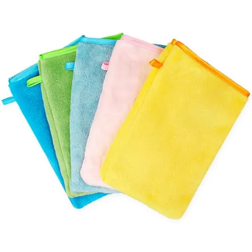 Produktbild JJPJL 5 Stück Waschlappen Gesicht 15x20cm,Waschlappen Microfaser,Waschhandschuh Kinder,Waschhandschuh Körper,Waschhandschuhe Frottee,with a Lanyard,Flanell,Weich,Starke Wasseraufnahme,5 Farben(Typ 2)