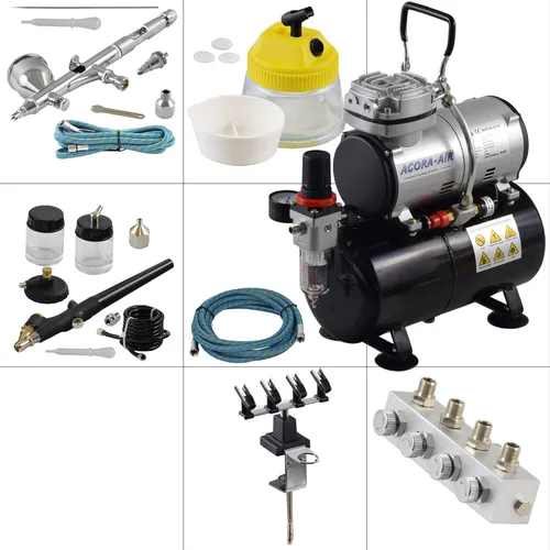 Agora-Tec® Airbrush Komplett-Set PROFI XVII.13 - Komplettes Airbrush Set mit energiesparendem Kompressor und hochwertigen Pistolen für vielseitige Anwendungen wie Tattoo, Modellbau und Makeup. Ideal für kreative Projekte!