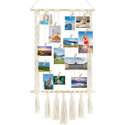 XMDROU Bilderrahmen mit Klammern und Leine, Boho Deko Fotoleine mit 30 Klammern und 2 Spurlosen Nägeln DIY Foto Pinnwand Bilderrahmen mit Schnur Holzclips Fotohalter Wand für Wohnkultur