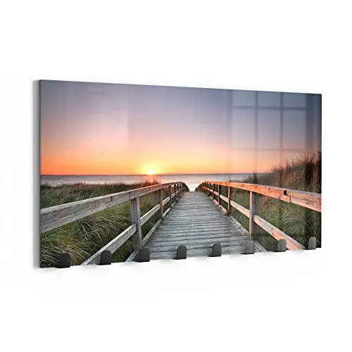 DEQORI Wandgarderobe Glas & Metall | Motiv Strandpfad in Abendsonne | 60x30 cm | Design Haken-Leiste modern | Garderoben-Paneel für Flur, Wohnzimmer & Schlafzimmer | magnetisch & beschreibbar