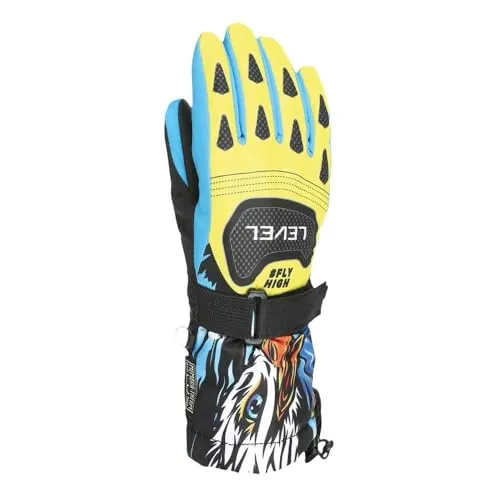 Level Kinder Finger Skihandschuhe Yellow-Blue Gr. 11-12J Wärmende Fiberfill-Isolierung, wasserdichte Membrane und Coole Designs perfekt für Junge Skichampions.