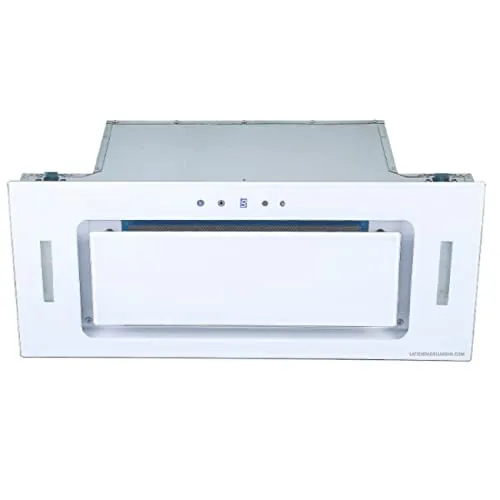 Dunstabzugshaube Kassette, Glas, 1 Motor mit 230 W, Energieklasse A, Bedienfeld mit Touchscreen und digitalem Bedienfeld, Oberfläche aus weißem Hartglas.