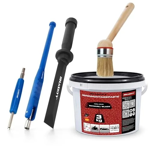 HASKYY Reifenmontagepaste Set 3kg Montagepaste Schwarz Universal Reifenmontage Satz inkl. Pinsel, Ventileindreher, Schaber und Ventileinzieher