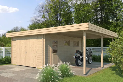Fjordholz Holzgarage Modell Holstein 70 - Massive Holzgarage mit 70mm starken Wandbohlen aus nordischer Fichte, ideal für hohe Schnee- und Windlasten. Inklusive hochwertigem 2-flg. Tor und Einzeltür. Anpassbare Maße auf Anfrage. Perfekt für Garten und Lagerung.