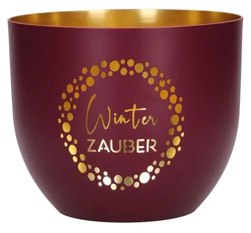 Butzon & Bercker Metall-Windlicht Ø 11 cm Winterzauber – dunkelrot-matt, durchbrochenes Motiv, innen goldveredelt, Lieferung in Geschenkverpackung: Windlicht aus Metall