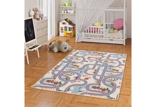 Snapstyle Kinder Teppich – Beige, Rechteckig 100x100 cm - Teppich für Kinderzimmer mit detailliertem Straßen-Design, das die Fantasie anregt. Pflegeleicht und langlebig – ideal für stundenlangen Spielspaß!