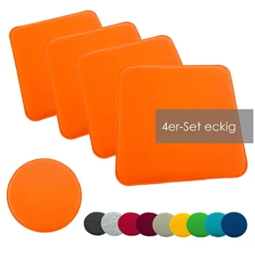 heimtexland ® 4er Pack Sitzkissen Filz, orange 35x35 cm - Stuhlkissen aus 100% pflegeleichtem Polyester, strapazierfähig und ideal für Innen und Außen. Hoher Sitzkomfort durch 2 cm Polsterung, schnell trocknend und fleckunempfindlich.