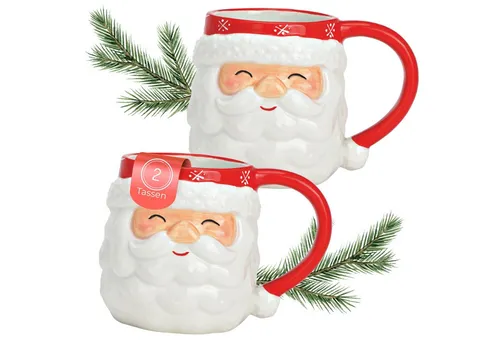 matches21 HOME & HOBBY Tasse Weihnachtsmann Weihnachts-Tassen 2er Set bunt 10 cm, 400 ml, 2-tlg., Keramik, Kaffeetassen für Tee, Kakao & Glühwein